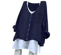 FNKDOR Women's Solid Color Loose Plus Size Long Cotton Texture Dress Shirt Button Deep V Neck T Shirts Women (A3-Navy, XXL)