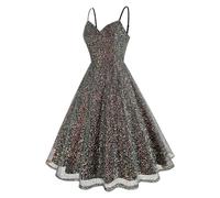 FNKDOR Women's Strappy Glitter Sequins Sequined Spaghetti Dress V-Neck A-line Swing Flowy Dress 1950s Vintage 50's 60's Party Dance Cocktail Gown Dress Summer Sweetheart Caimi Dress(Black,L)