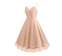 FNKDOR Women's Strappy Glitter Sequins Sequined Spaghetti V-Neck A-line Swing Flowy Dress 1950s Vintage 50's 60's Party Dance Cocktail Gown Summer Sweetheart Caimi Dress (Gold, XL)