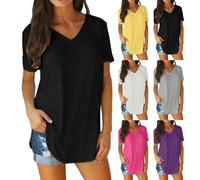 FNKDOR Women's Summer T-Shirts V Neck Short Sleeved Tee Tops with Arc Hem Plus Size Solid Color Tunic Top Pack of T Shirts Women Oversized T Shirts for Women Ladies Long Hem Blouse(A2-Black,5XL)