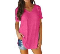 FNKDOR Women's Summer T-Shirts V Neck Short Sleeved Tee Tops with Arc Hem Plus Size Solid Color Tunic Top Pack of T Shirts Women Oversized T Shirts for Women Ladies Long Hem Blouse(A2-Hot Pink,5XL)