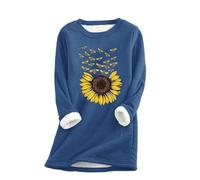 FNKDOR Women's Sweatshirt Sunflower Bee Print Lined Hoodless Sweater Autumn Winter Warm Oversized Jumper Ladies Retro Plush Long Sleeve Pullover Casual Loose Thick Fleece Top(A3-Navy,3XL)