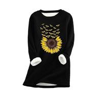 FNKDOR Women's Sweatshirt Sunflower Bee Print Lined Hoodless Sweater Autumn Winter Warm Oversized Jumper Ladies Retro Plush Long Sleeve Pullover Casual Loose Thick Fleece Top(A1-Black,XL)