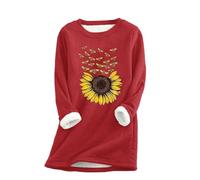 FNKDOR Women's Sweatshirt Sunflower Bee Print Lined Hoodless Sweater Autumn Winter Warm Oversized Jumper Ladies Retro Plush Long Sleeve Pullover Casual Loose Thick Fleece Top(A3-Red,M)