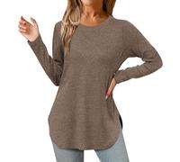 FNKDOR Womens Sweatshirts Womens Long Sleeve Round Neck T Shirts Side Split Basic Loose Tunic Tops Casual Loose Fit Teen Tee Blouse Long Tops to Wear with Leggings Bottoming Shirts(Coffee,XL)