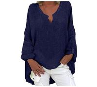 FNKDOR Women's T-Shirts Cotton and Linen Long Sleeve Tee Shirts Casual Oversized Stylish Tunic Top Shirts Solid Color V Neck Ladies Blouse Plus Size Outfits T Shirts for Women UK(A3-Navy,4XL)