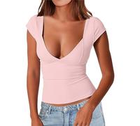 FNKDOR Women's T-Shirts Deep Sexy V Neck Short Sleeve T Shirts Backless Top Double Lined Tee Seamed Cup Going Out Blouse Hide Sweat White Crop Tops for Women White T Shirt(RD2,XS)
