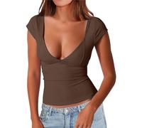 FNKDOR Women's T-Shirts Deep Sexy V Neck Short Sleeve T Shirts Backless Top Double Lined Tee Seamed Cup Going Out Blouse Hide Sweat White Crop Tops for Women White T Shirt(Brown,XL)