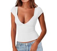 FNKDOR Women's T-Shirts Deep Sexy V Neck Short Sleeve T Shirts Backless Top Double Lined Tee Seamed Cup Going Out Blouse Hide Sweat White Crop Tops for Women White T Shirt(White,XS)
