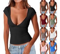 FNKDOR Women's T-Shirts Deep Sexy V Neck Short Sleeve T Shirts Backless Top Double Lined Tee Seamed Cup Going Out Blouse Hide Sweat White Crop Tops for Women White T Shirt(Black,S)