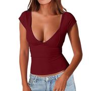 FNKDOR Women's T-Shirts Deep Sexy V Neck Short Sleeve T Shirts Backless Top Double Lined Tee Seamed Cup Going Out Blouse Hide Sweat White Crop Tops for Women White T Shirt(RD1,XS)