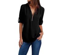 FNKDOR Women's T-Shirts Summer Oversized Zipper V Neck Tee Tops Short Sleeve Basic Solid Color Tunic Tops Plus Size Long Hem Cotton T Shirts for Women UK Ladies Blouse Outfits(A1-Black,5XL)