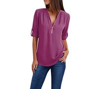 FNKDOR Women's T-Shirts Summer Oversized Zipper V Neck Tee Tops Short Sleeve Basic Solid Color Tunic Tops Plus Size Long Hem Cotton T Shirts for Women UK Ladies Blouse Outfits(A2-Purple,6XL)