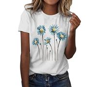 FNKDOR Women's T-Shirts Sunflower Dragonfly Flower Graphic Printed Tee Shirts Short Sleeve Round Neck Tunic Tops Summer Loose Fit Comfy Blouse for Women UK Ladies Girl Basic Outfits(A1-White,L)
