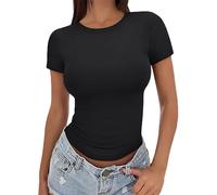 FNKDOR Womens Top Basic Short Sleeve Crop Top Slim fit T Shirts Soft Crewneck Crop Y2K Tees Summer Going Out Cute Tops Stretchy Plain White Black T Shirt (Black, S)