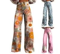 FNKDOR Women's Vintage Flower Print Flared Jeans Retro Casual Wide Leg Pants for Women Colorful Boho Trousers with Pockets Casual Loose Fit Baggy Denim Pants Plus Size 8-26 (A9-Orange, XXXL)