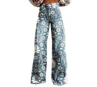 FNKDOR Women's Vintage Flower Print Flared Jeans Retro Casual Wide Leg Pants for Women Colorful Boho Trousers with Pockets Casual Loose Fit Baggy Denim Pants Plus Size 8-26 (A9-Sky Blue, L)