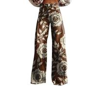 FNKDOR Women's Vintage Flower Print Flared Jeans Retro Casual Wide Leg Pants for Women Colorful Boho Trousers with Pockets Casual Loose Fit Baggy Denim Pants Plus Size 8-26 (A3-Brown, M)
