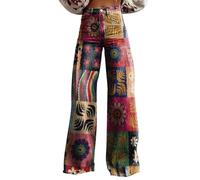 FNKDOR Women's Vintage Flower Print Flared Jeans Retro Casual Wide Leg Pants for Women Colorful Boho Trousers with Pockets Casual Loose Fit Baggy Denim Pants Plus Size 8-26 (A2-Hot Pink, S)
