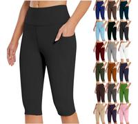 FNKDOR Yoga Shorts Leggings for Women UK with Pocket Workout Tummy Control Leggings Running Shorts Womens Gym Shorts Ladies Compression Sports Knee Length Gym Leggings for Women UK(A3-Black,S)