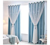 FnnEmg Lace Curtains For Windows Custom Made Hollow Star Double Layer Blackout Curtains for Living Room Bedroom Window Decoration Curtain with white Lace Voile Lace Curtains(Sky Blue,HOOK)