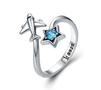 FNSK 925-Sterling-Silver Rings Airplane Adjustable Thumb White Cubic Zirconia Jewelry For Stewardess Flight Attendants Pilots