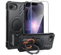 FNTCASE for iPhone 17e Phone Case: for iPhone 16e Case with [360 Spin Magnetic Ring Kickstand] [Compatible for MagSafe] [Screen Protector] Heavy Duty Military Grade Protection Case Translucent Black