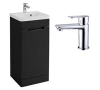 FNX Bathrooms 400mm Freestanding Bathroom Vanity Unit With Basin, Matt Black, Chrome Mono Mixer Tap & Slotted Waste