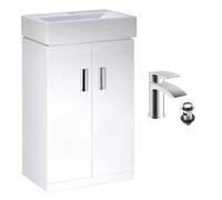 FNX Bathrooms 450mm Gloss White 2 Door Floorstanding Vanity Basin Sink Unit & Chrome Sleek Waterfall Tap & Waste