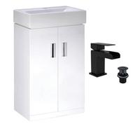 FNX Bathrooms 450mm Gloss White 2 Door Floorstanding Vanity Basin Sink Unit & Matt Black Waterfall Tap & Waste