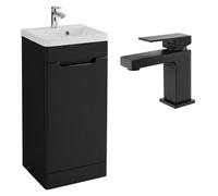 FNX Bathrooms Bathroom Vanity Basin Unit 400mm Matt Black & Square Basin Mono Mixer Tap & Waste Matt Black