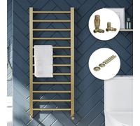 FNX Bathrooms Brushed Brass 500X800 Straight Heated Towel Rail With Dual Fuel Thermostatic Valves & Pipe Covers