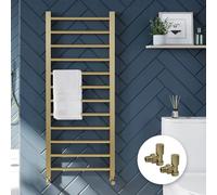 Fnx Bathrooms Brushed Brass Heated Towel Rail Radiator 1600X500mm With Angled Manual Valves