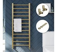 FNX Bathrooms Brushed Brass Straight Heated Towel Rail Radiator With Manual Angled Valves & Pipe Covers (500X1200mm)