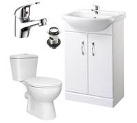 FNX Bathrooms Bubly Bathrooms™ Modern 550mm White Gloss Vanity Unit, Ceramic Basin & Close Coupled Wc Toilet With Chrome Tap & Waste Set