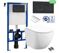 FNX Bathrooms Bubly D-Shape Rimless Wall-Hung Toilet Set With Low-Height Concealed Cistern & Soft-Close Seat - Matt Black Flush Plate