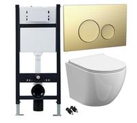 FNX Bathrooms Bubly Wall Hung Rimless D-Shape Toilet & Slimline Soft Close Seat With 1.13M Concealed Cistern Frame, Brass Flush Plate