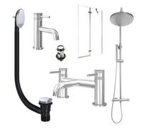 FNX Bathrooms Chrome Basin Mixer Tap, Bath Filler And Rigid Shower With Unslotted Basin And Bath Waste And Pivot Bath Screen