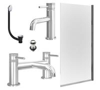 FNX Bathrooms Chrome Basin Mixer Tap, Bath Filler With Unslotted Basin And Bath Waste And Edge Bath Screen