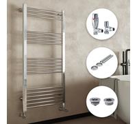 FNX Bathrooms Chrome Bathroom Straight Heated Towel Rail Radiator 400 X 1600 Angled Thermostatic Valves With Pipe Covers & Air Bleed Valve