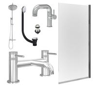 FNX Bathrooms Chrome Side Lever Basin Mixer Tap, Bath Filler And Rigid Shower With Unslotted Basin And Bath Waste And Edge Bath Screen