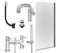 FNX Bathrooms Chrome Side Lever Basin Mixer Tap, Bath Shower Mixer With Unslotted Basin And Bath Waste And Edge Bath Screen