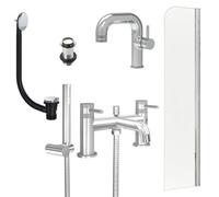 FNX Bathrooms Chrome Side Lever Basin Mixer Tap, Bath Shower Mixer With Unslotted Basin And Bath Waste And Radius Bath Screen