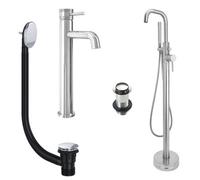 FNX Bathrooms Chrome Tall Basin Mixer Tap And Freestanding Bath Shower Mixer Tap With Handset And Unslotted Basin And Bath Waste