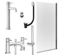 FNX Bathrooms Chrome Tall Basin Mixer Tap, Bath Shower Mixer With Unslotted Basin And Bath Waste And Edge Bath Screen
