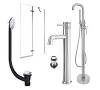 FNX Bathrooms Chrome Tall Basin Mixer Tap, Freestanding Bath Shower Mixer And Unslotted Basin And Bath Waste And Pivot Bath Screen