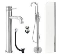 FNX Bathrooms Chrome Tall Basin Mixer Tap, Freestanding Bath Shower Mixer And Unslotted Basin And Bath Waste And Radius Bath Screen