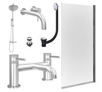 FNX Bathrooms Chrome Wall Mounted Basin Mixer Tap, Bath Filler And Rigid Shower With Unslotted Basin And Bath Waste And Edge Bath Screen