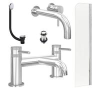 FNX Bathrooms Chrome Wall Mounted Basin Mixer Tap, Bath Filler With Unslotted Basin And Bath Waste And Radius Bath Screen