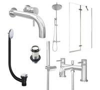 FNX Bathrooms Chrome Wall Mounted Basin Mixer Tap, Bath Shower Mixer And Rigid Shower With Unslotted Basin And Bath Waste And Pivot Bath Screen
